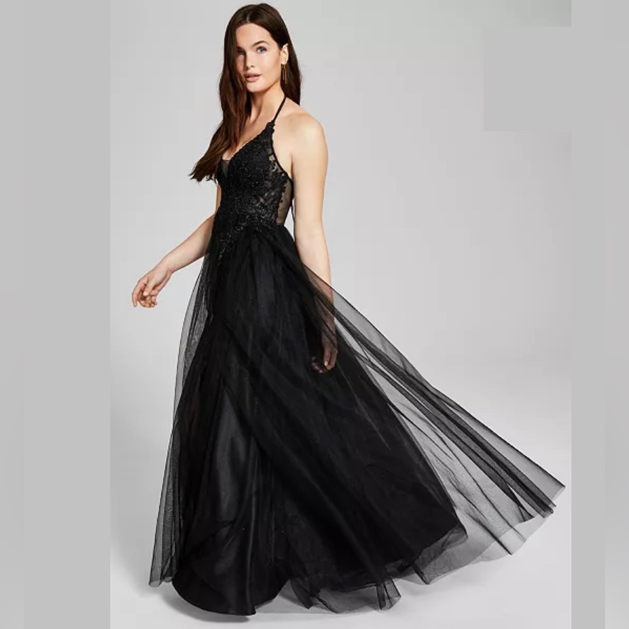 Blondie Nites Womens Black Mesh Halter Formal Evening Dress Gown Juniors Size 15